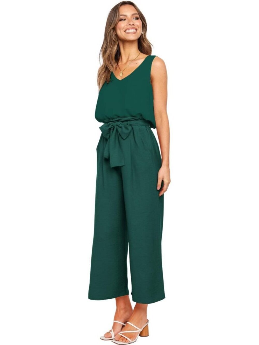 Women's 2 Piece Set V Neck Tank Dark Green Tops High Waisted Pants with Belt - Picture 2 of 7
